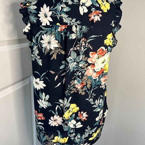Loft Navy Blue Floral Flutter Sleeve Sleeveless Top EUC Size M - Picture 2 of 2